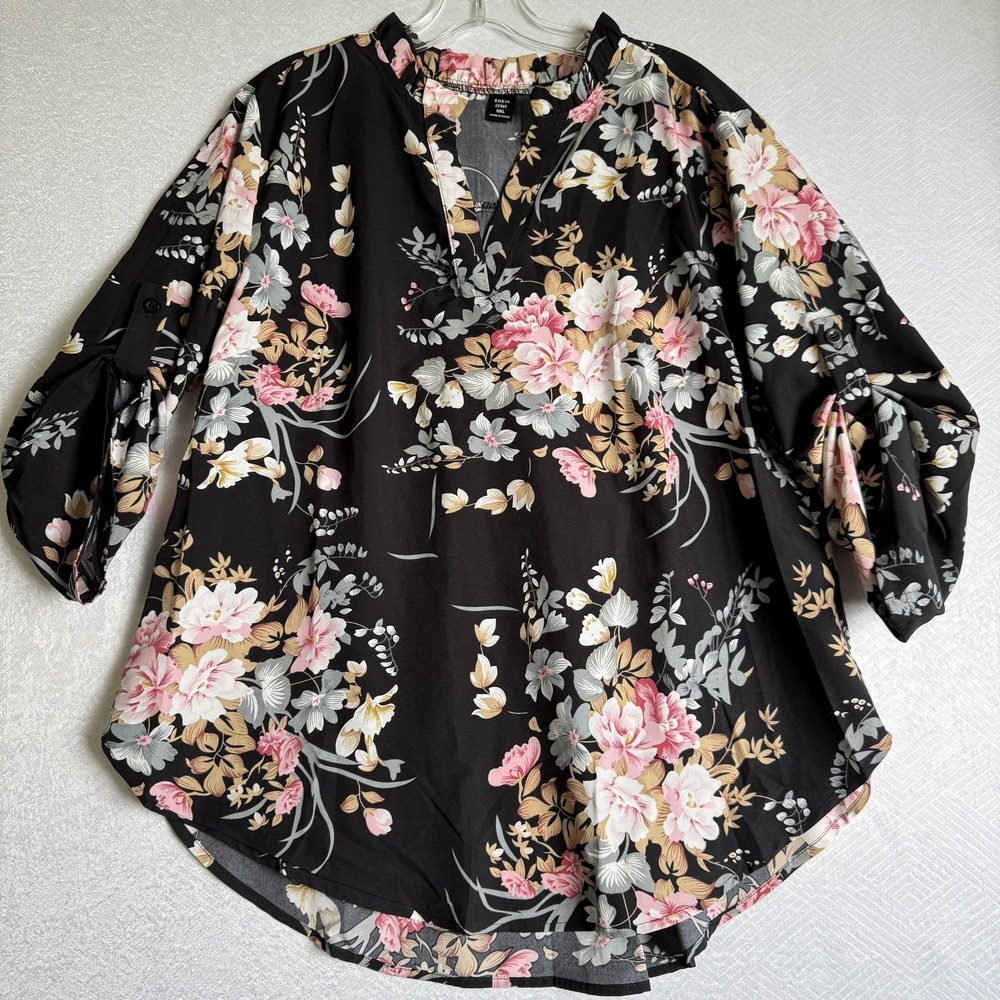 Shein Curve Blouse Womens 0XL Floral 3/4 Sleeve‎ Tunic Top Plus Size Pullover